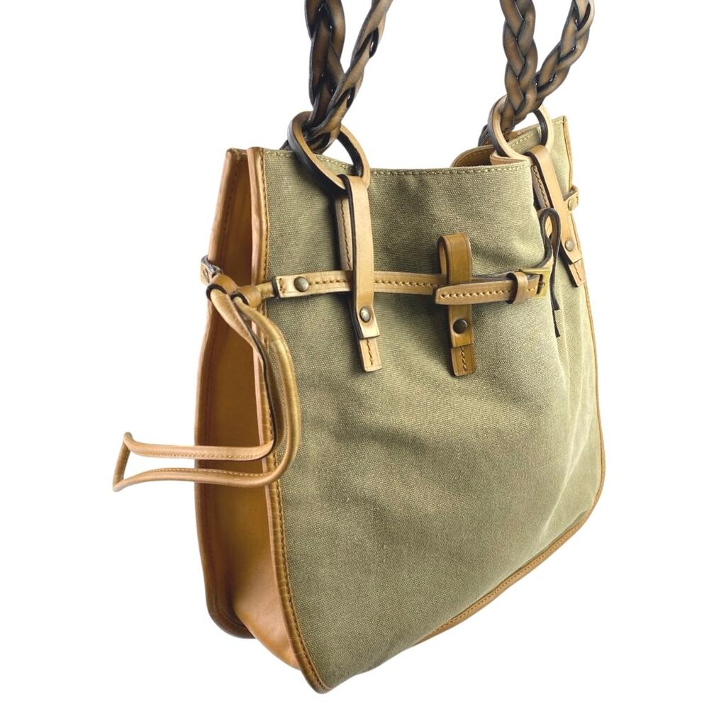 Gucci Women's Gray Green Braided Leather Straps Canvas Tote Shoulder Hand Bag - Picture 4 of 9